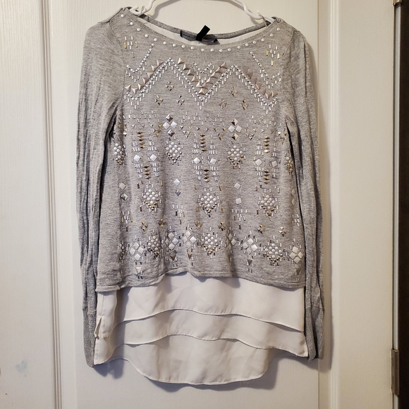 White House Black Market Tops - White House Black Market Grey Boat Neck Sequin Long Sleeve Blouse (Size XS)